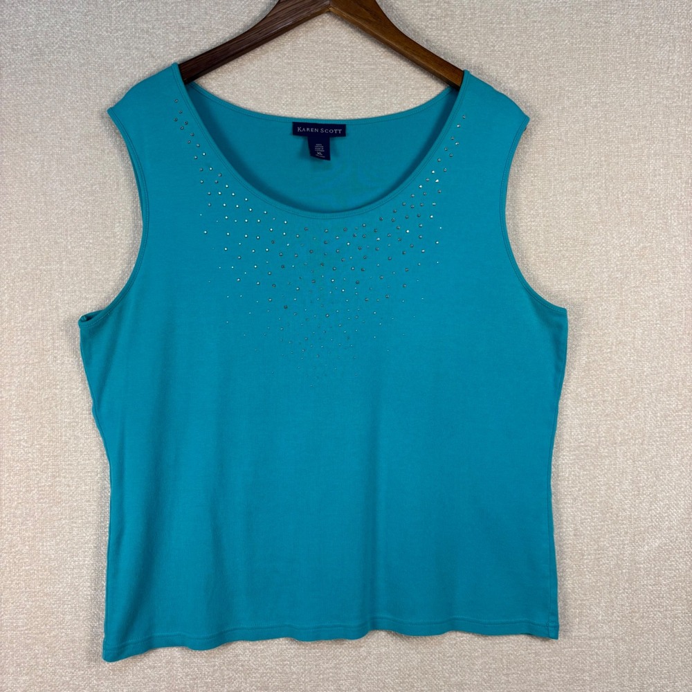 Karen Scott Womens XL Turquoise Blue Rhinestone Scoop Neck Cotton Tank Top